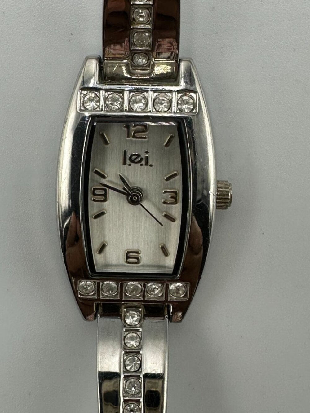 3/$30 L.E.I. Watch Women Silver Tone Barrel Case Rhinestone Accents 7"
